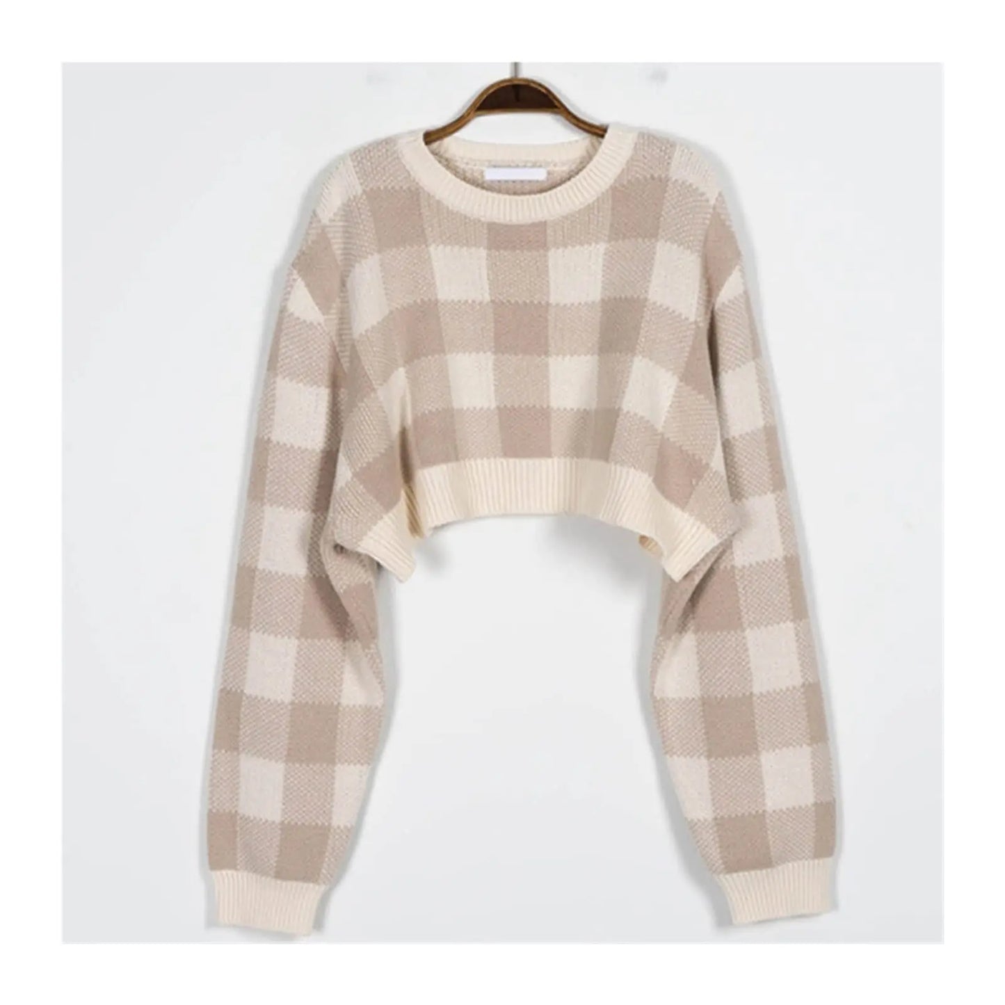 CITSLX Pullovers Women Checkerboard Crop Knit Sweater Long Sleeve Crew Neck Box-fit Plaid Jumper Outfit