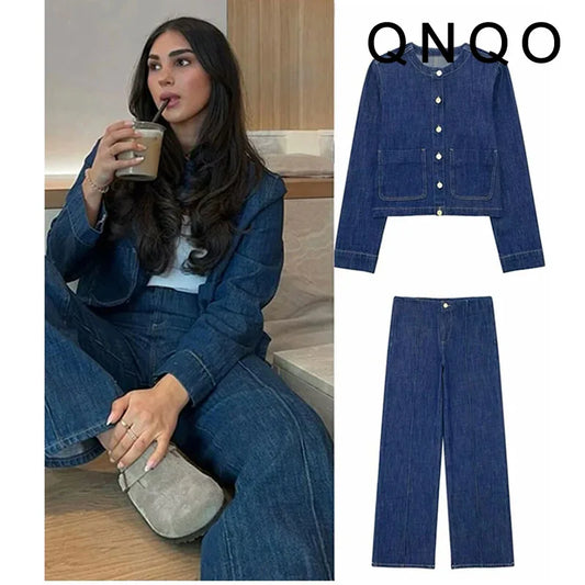 CITSLX QNQO Sets for Women 2 Pieces Denim Pockets O-Neck Full Sleeve Jacket 2024 Streetwear New Fashion Straight High Waist Pants Sets