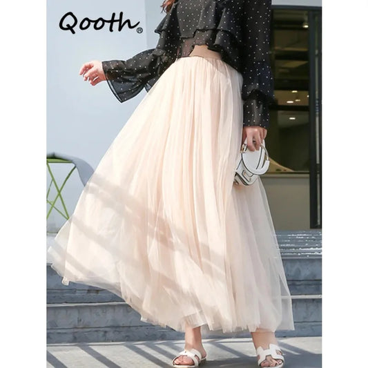 CITSLX Qooth 3 Layers Mesh Long Tulle Skirt Elastic Waist Elegant High Waist Ball Gown Gauze Tutu Skirt For Spring Autumn QT2001