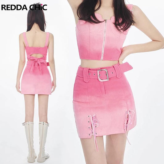 CITSLX REDDACHiC Hot Pink Barbiegirl Denim Suit Cupped Sleeveless Tube Top & Lace-up Bandage Mini Skirt Buckled Belt Y2k Streetwear