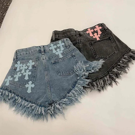 CITSLX Raw Edge Fringe Gothic Style Denim Shorts Female Summer American Street High Waist Design Sense Casual A Word Super Short