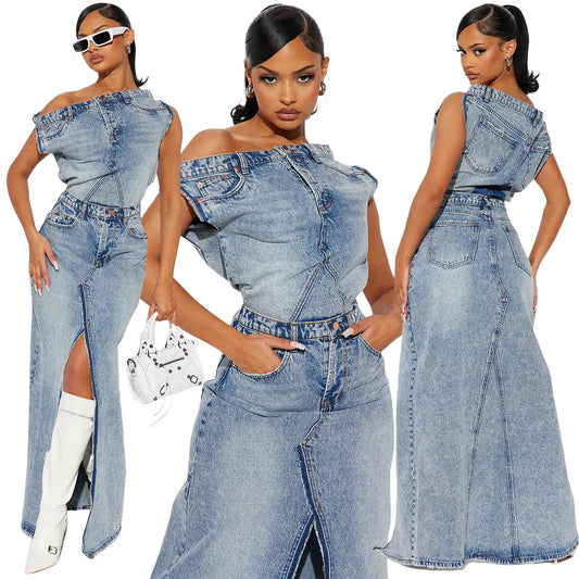 CITSLX Retro Denim Skirt Suit Two Piece Sets Women Summer Sleeveless Top High Waist Long Skirt Split End Ladies Street Wear Clothes