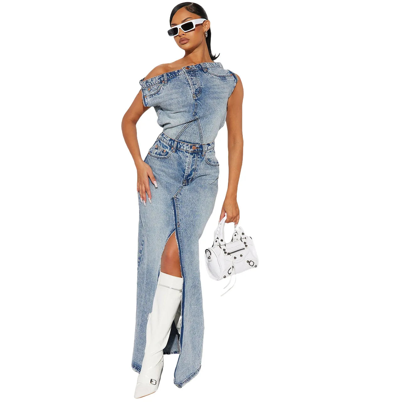 CITSLX Retro Denim Skirt Suit Two Piece Sets Women Summer Sleeveless Top High Waist Long Skirt Split End Ladies Street Wear Clothes