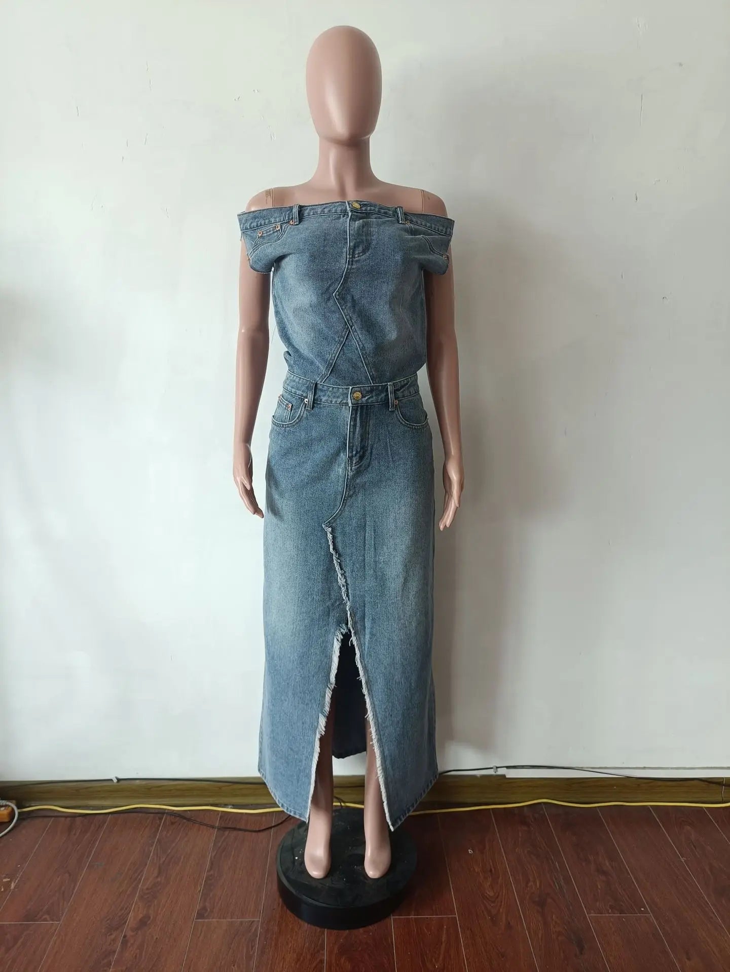 CITSLX Retro Denim Skirt Suit Two Piece Sets Women Summer Sleeveless Top High Waist Long Skirt Split End Ladies Street Wear Clothes