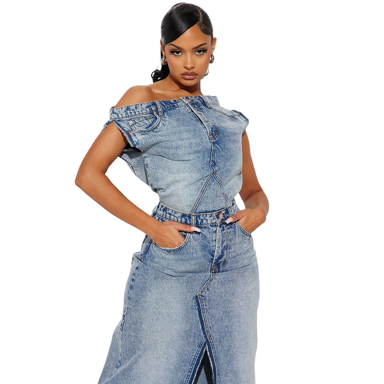 CITSLX Retro Denim Skirt Suit Two Piece Sets Women Summer Sleeveless Top High Waist Long Skirt Split End Ladies Street Wear Clothes