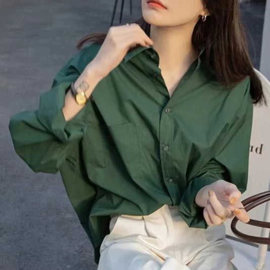 CITSLX Retro Green Blouse Ladies spring new lazy long-sleeved shirt Korean Style Women's Clothes Tops Casual Female Solid Simple Wear