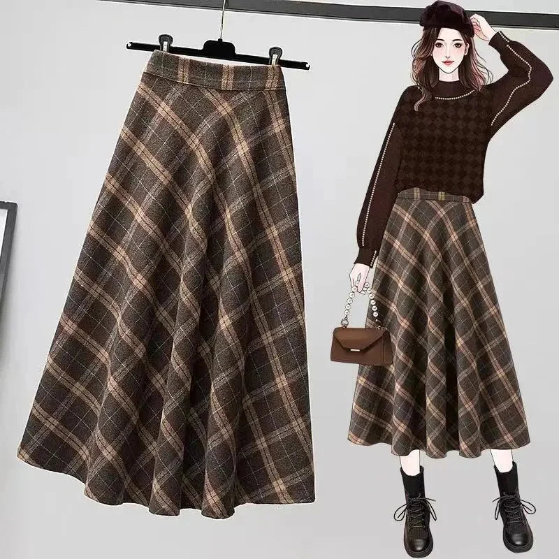 CITSLX Rimocy Autumn Winter Woolen Skirt Women 2025 Korean Style Thick High Waist Long Skirt Woman A Line Pleated Plaid Skirt Female