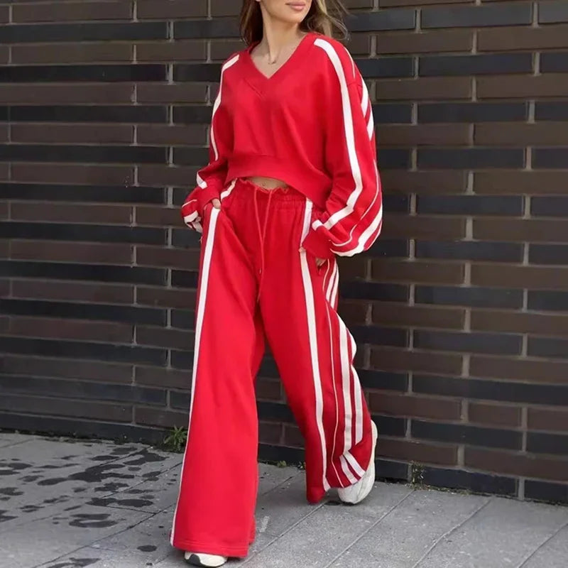 CITSLX Y2K Style Casual Sportswear Two Piece Set Women V Neck Sweatshirt Pullover & Long Pant Suit Outfit Winter Stripe Loose Tracksuit