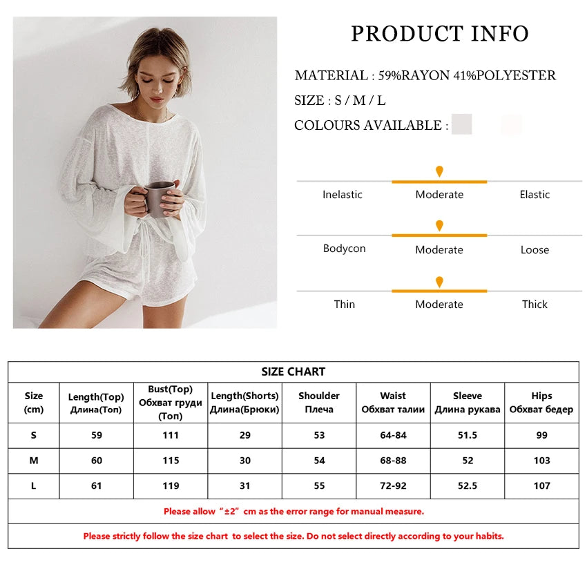 CITSLX Marthaqiqi Casual White Women'S Nightgowns Set O-Neck Sleepwear Long Sleeve Nightwear Shorts Loose Ladies Pajamas 2 Piece Suits