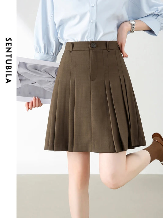 CITSLX SENTUBILA Women Preppy Pleated Mini Skirt Female 2024 Summer Fashion Commute Solid Loose A-line Skirt Womans Clothing 142Q54864