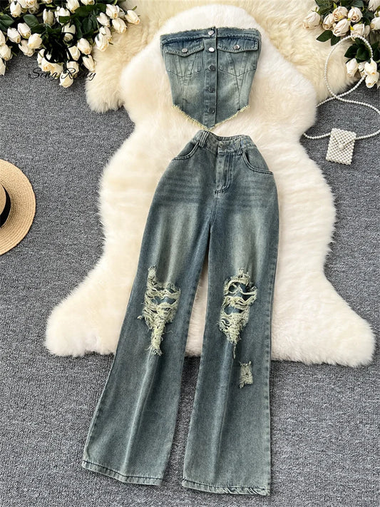 CITSLX SINGREINY American Hot Girl Denim Suits Strapless Single Tassels Mini Irregular Tops+Holes Long Jeans Female INS Streetwear Sets