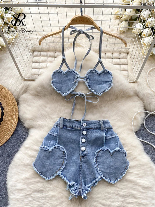 CITSLX SINGREINY American Hotsweet Sets Halter Sleeveless Backless Love Tops+High Waist Button Basics Shorts Fashion Sexy Denim Suits