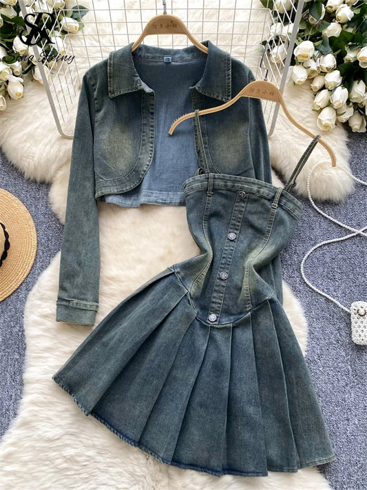 CITSLX SINGREINY American Retro Denim Suits Female Long Sleeve Cardigan+Spaghetti Strap Zipper Buttons Hotsweet Dress Preppy Style Sets