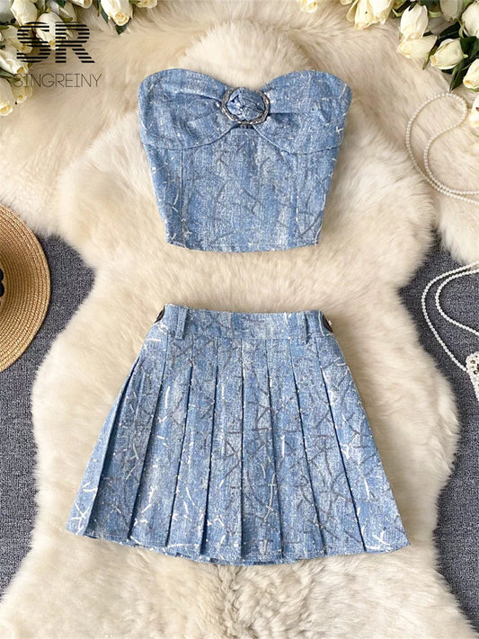 CITSLX SINGREINY American Vintage Denim 2pcs Suits Women Sexy Ruched Strapless Camisole+Sequins Pleated Skirt Shiny Lurex 2pcs Set