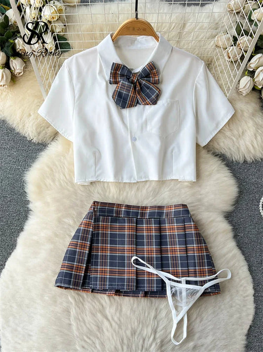 CITSLX SINGREINY Cosplay Erotic Porn Outfit Women Lapel Neck Short Shirt+Plaid Mini Skirt+Thongs  2024 Preppy Style Sexy Nightwear