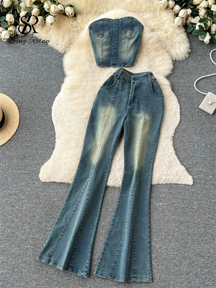 CITSLX SINGREINY Fashion Streetwear Denim Two Pieces Sets Women Strapless Top+Wide Legs Long Jeans Summer American Retro Sexy Suits