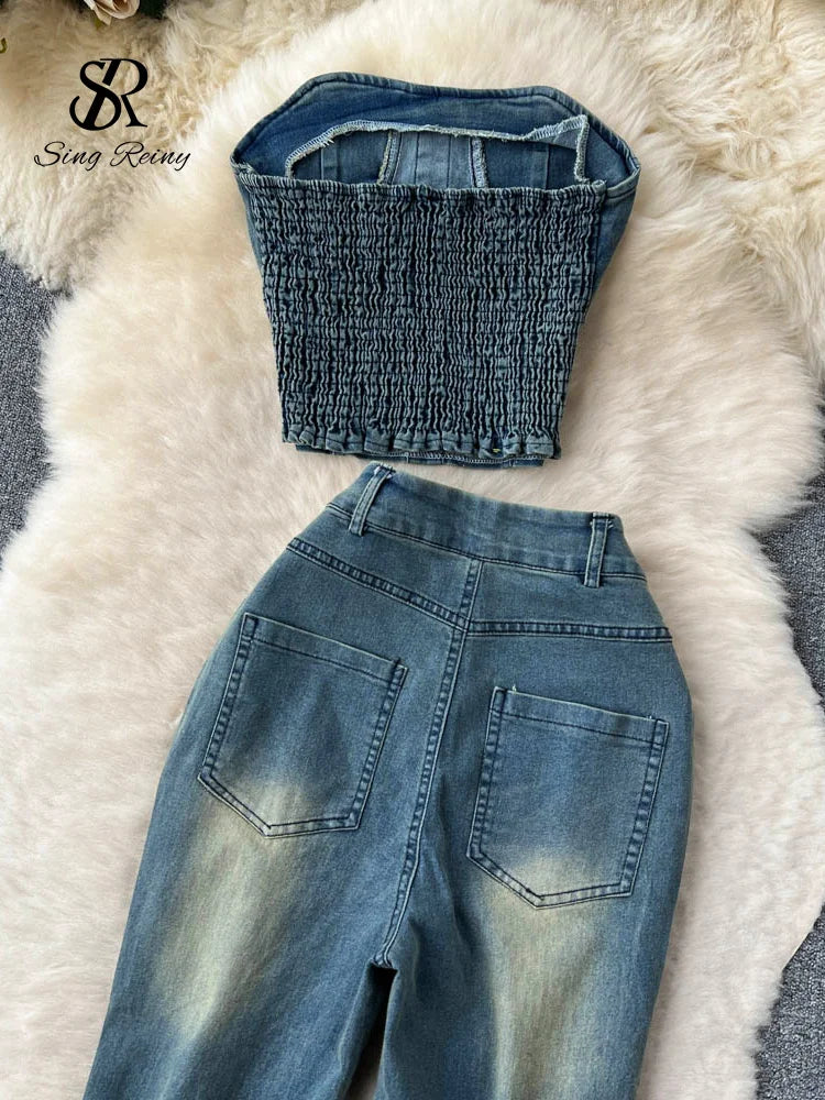 CITSLX SINGREINY Fashion Streetwear Denim Two Pieces Sets Women Strapless Top+Wide Legs Long Jeans Summer American Retro Sexy Suits