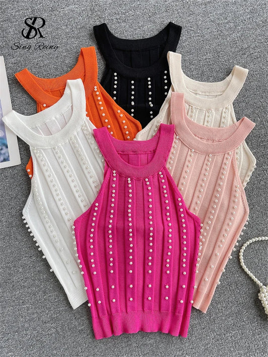 CITSLX SINGREINY Hotsweet Pearls Women Tops Strapless Backless Slim Fit Senior 2024 Korean Style Fashion Streetwear Mini Knitted Tank