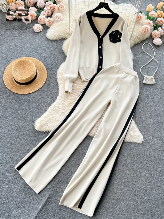 CITSLX SINGREINY OL Floral Two Piece Knit Set Women Long Sleeve Fashion Cardigan Elastic Waist Casual Winter Sweater Long Pants Suit