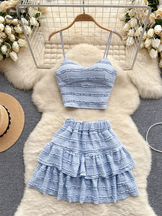 CITSLX  Ruffles Summer Lace Two Piece Set Women Elegant Backless Stretch Camisole Elastic Waist Mini Skirt Korean Fashion Suit