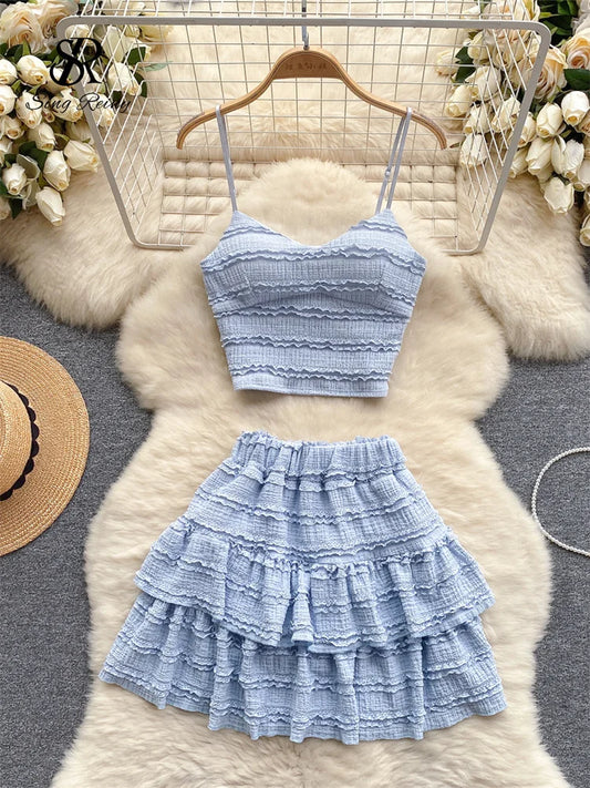 CITSLX SINGREINY Sweet Ruched Two Pieces Sets V Neck Strap Crop Tops+Short Pleated Skirt Women Korean Style Chic Summer Beachwear Suits