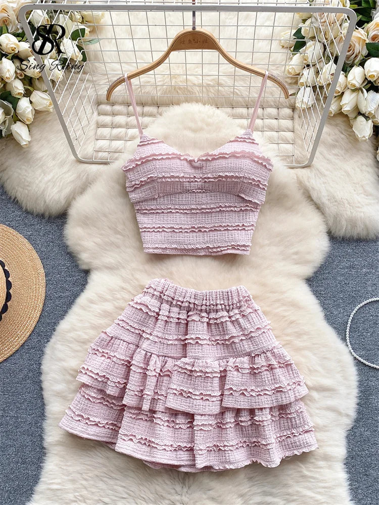 CITSLX SINGREINY Sweet Ruched Two Pieces Sets V Neck Strap Crop Tops+Short Pleated Skirt Women Korean Style Chic Summer Beachwear Suits