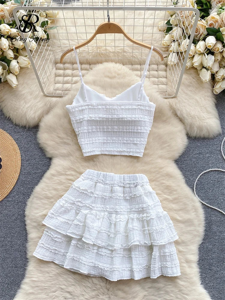 CITSLX SINGREINY Sweet Ruched Two Pieces Sets V Neck Strap Crop Tops+Short Pleated Skirt Women Korean Style Chic Summer Beachwear Suits