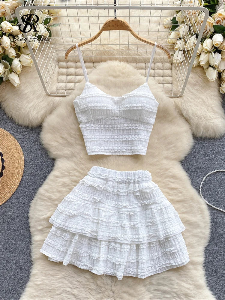 CITSLX SINGREINY Sweet Ruched Two Pieces Sets V Neck Strap Crop Tops+Short Pleated Skirt Women Korean Style Chic Summer Beachwear Suits