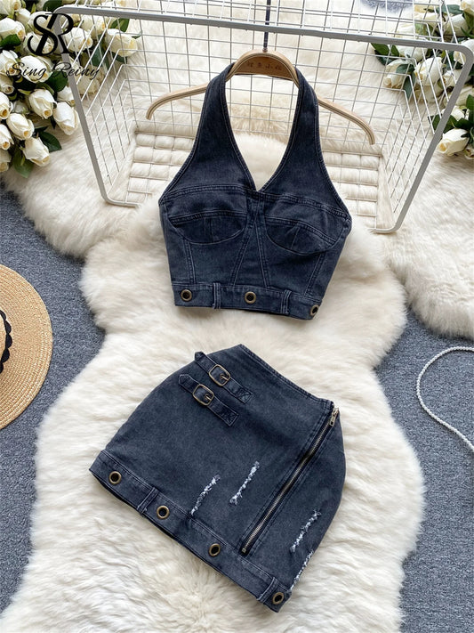 CITSLX SINGREINY Trend High Street Denim Suits Backless Sleeveles Halter Y2K Top+ Zipper Pleated Mini Skirt Hollow Out Two Pieces Sets