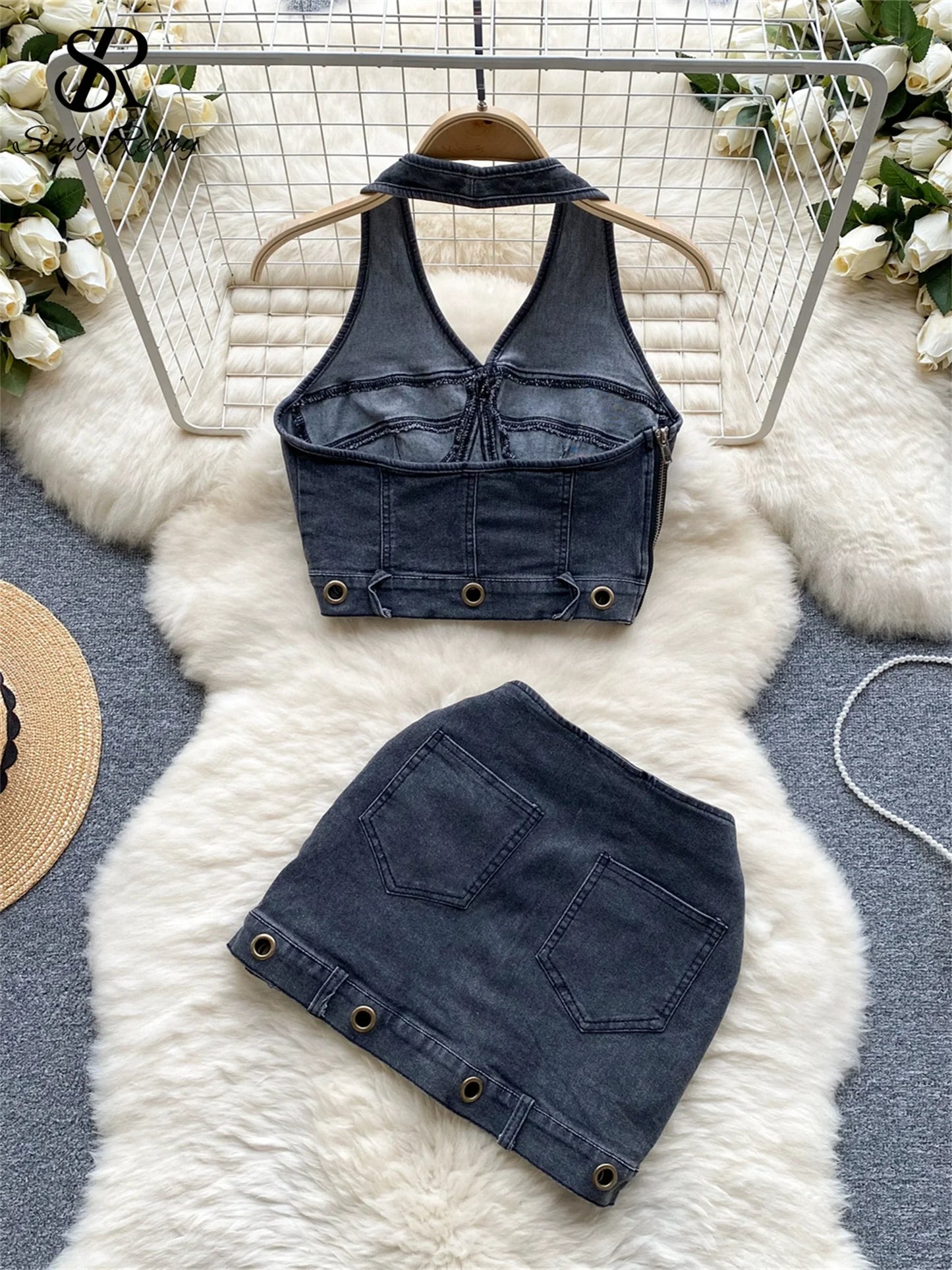 CITSLX SINGREINY Trend High Street Denim Suits Backless Sleeveles Halter Y2K Top+ Zipper Pleated Mini Skirt Hollow Out Two Pieces Sets