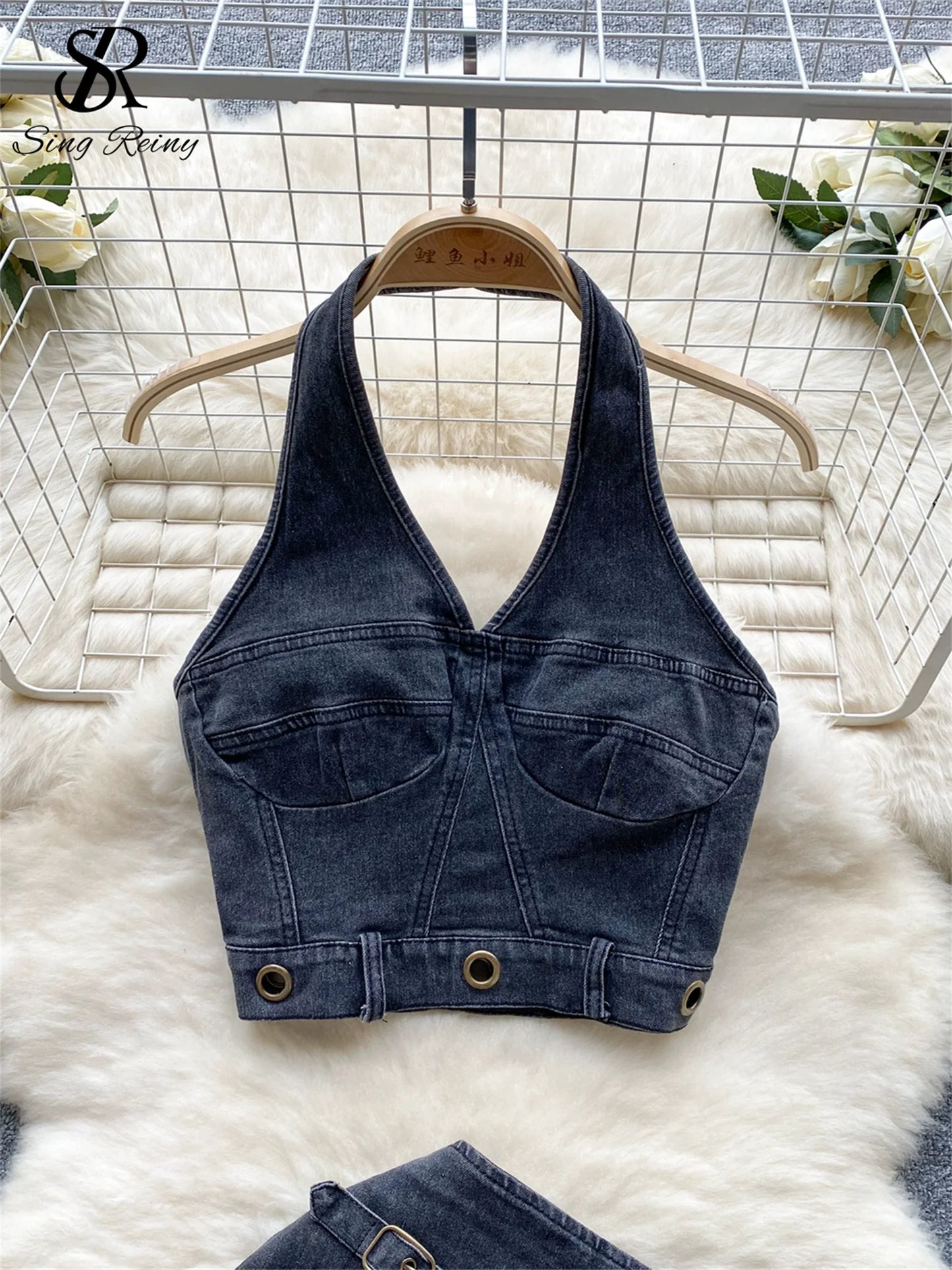 CITSLX SINGREINY Trend High Street Denim Suits Backless Sleeveles Halter Y2K Top+ Zipper Pleated Mini Skirt Hollow Out Two Pieces Sets