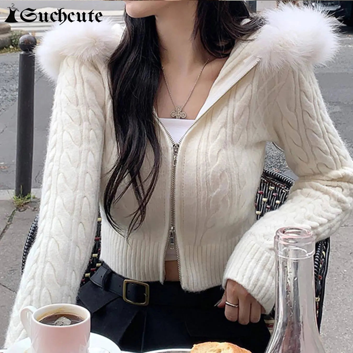 CITSLX SUCHCUTE Beige Furry Trim Hooded Cropped Sweater Cardigan Women Long Sleeve Zipper Outerwear Autumn Winter Coat Coquette Korean