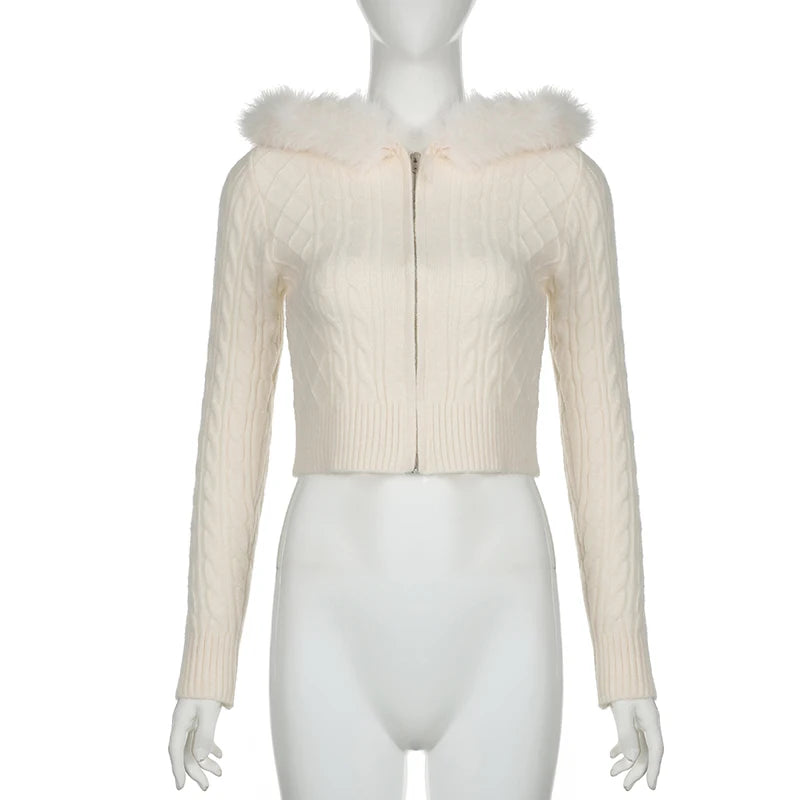 CITSLX SUCHCUTE Beige Furry Trim Hooded Cropped Sweater Cardigan Women Long Sleeve Zipper Outerwear Autumn Winter Coat Coquette Korean