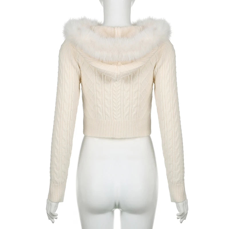 CITSLX SUCHCUTE Beige Furry Trim Hooded Cropped Sweater Cardigan Women Long Sleeve Zipper Outerwear Autumn Winter Coat Coquette Korean