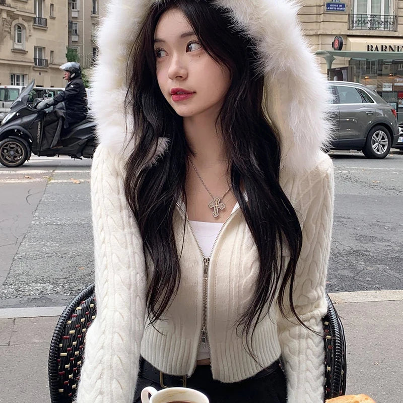 CITSLX SUCHCUTE Beige Furry Trim Hooded Cropped Sweater Cardigan Women Long Sleeve Zipper Outerwear Autumn Winter Coat Coquette Korean