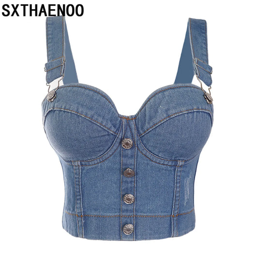 CITSLX SXTHAENOO Fashion Sexy Denim Jeans Women Button Bustier Bra Party Night Club Party Cropped Top Vest Plus Size Ropa De Mujer