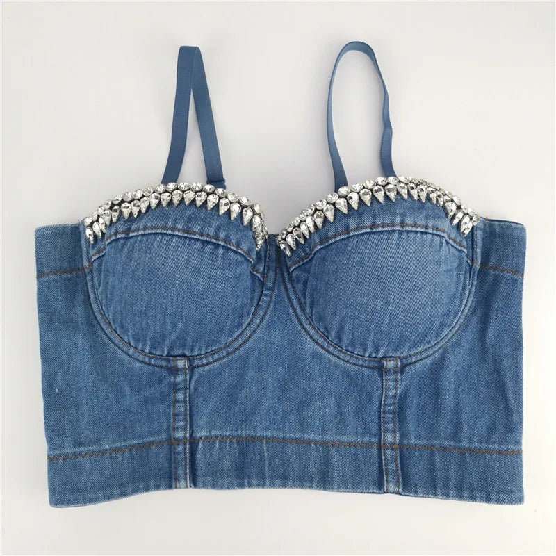 CITSLX SXTHAENOO Fashion Sexy Denim Jeans Women Button Bustier Bra Party Night Club Party Cropped Top Vest Plus Size Ropa De Mujer