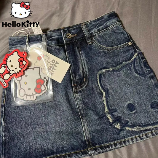 CITSLX Sanrio Hello Kitty Gothic Design Mini Denim Skirt Women's Summer New High Waist Wrap Jean Skirt A-line Korean Y 2k Fashion Skirt