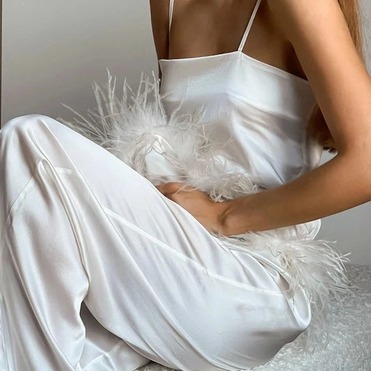 CITSLX Satin Pajamas With Feathers Sleepwear Women Sets With Pants Black Spaghetti Strap Home Suit White Trouser Suits 2024