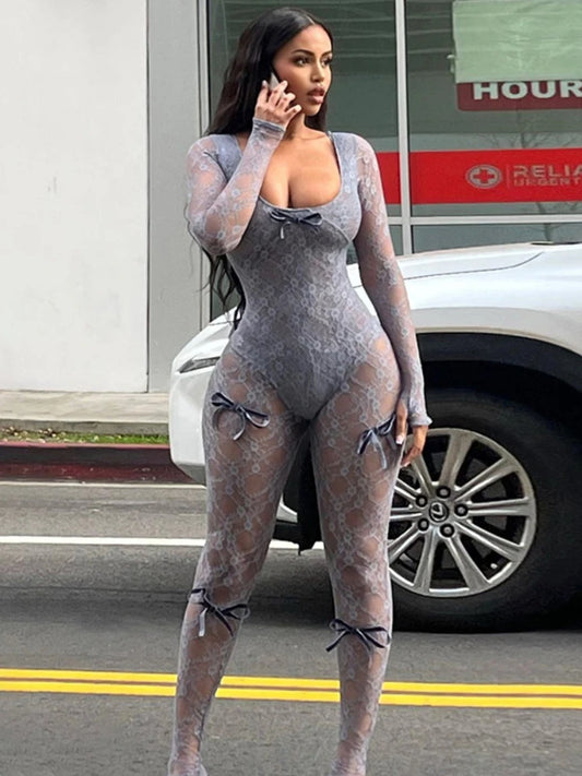 CITSLX See Through Mesh Sexy Jumpsuit Women Bow Splice Long Sleeve Bodycon One Piece Hot Girl Party Sexy Club Overalls For Woman