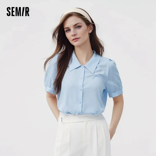 CITSLX Semir Short-Sleeved Shirt Women Puff Sleeves Loose  Summer New Style Easy Care Solid Color Top Shirts