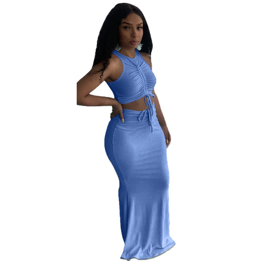 CITSLX Sets for Women 2 Pieces Skirt Set Outfits O Neck Sleeveless Crop Top Shirring Long Skirt Suit Sexy Maxi Skirt Sets