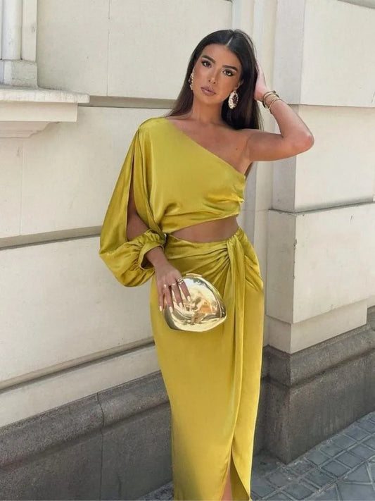 CITSLX Sexy Cut Out Asymmetrical Midi Dress Women Fashion One Shoulder Diagonal Collar Split Dresses 2024 SummerLady Party Club Vestido