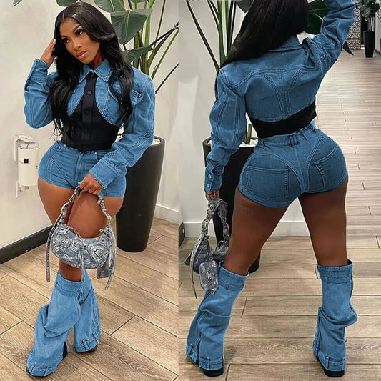 CITSLX Sexy Denim Jean 2 Piece Matching Pant Set Outfits 2024 Summer Women Clothes Y2K Biker Shorts Suits Sets Cropped Tops Tracksuit