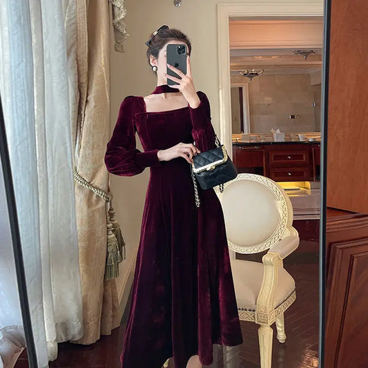 CITSLX Sexy Dress Women French Retro Vintage Square Collar Waist Office Lady Wine Red Golden Velvet Autumn and Winter Female Clothing