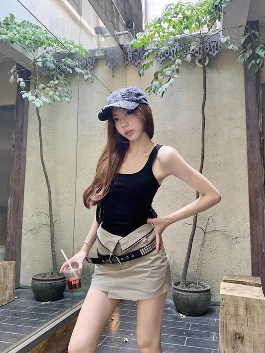 CITSLX Sexy Hot Girls New Summer Two Piece Skirt Sets Square Neck Sleeve Slim Vest Tops + High Waist Slim Cargo Skirts Female Outfits