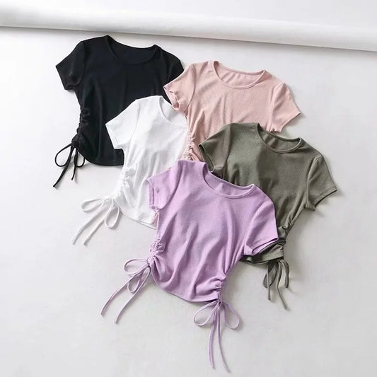 CITSLX Sexy Side Drawstring Tie Up Ruched Tank Tops Women Solid Color Slim Crop Top Ladies Streetwear Ribbed Knitted Tees