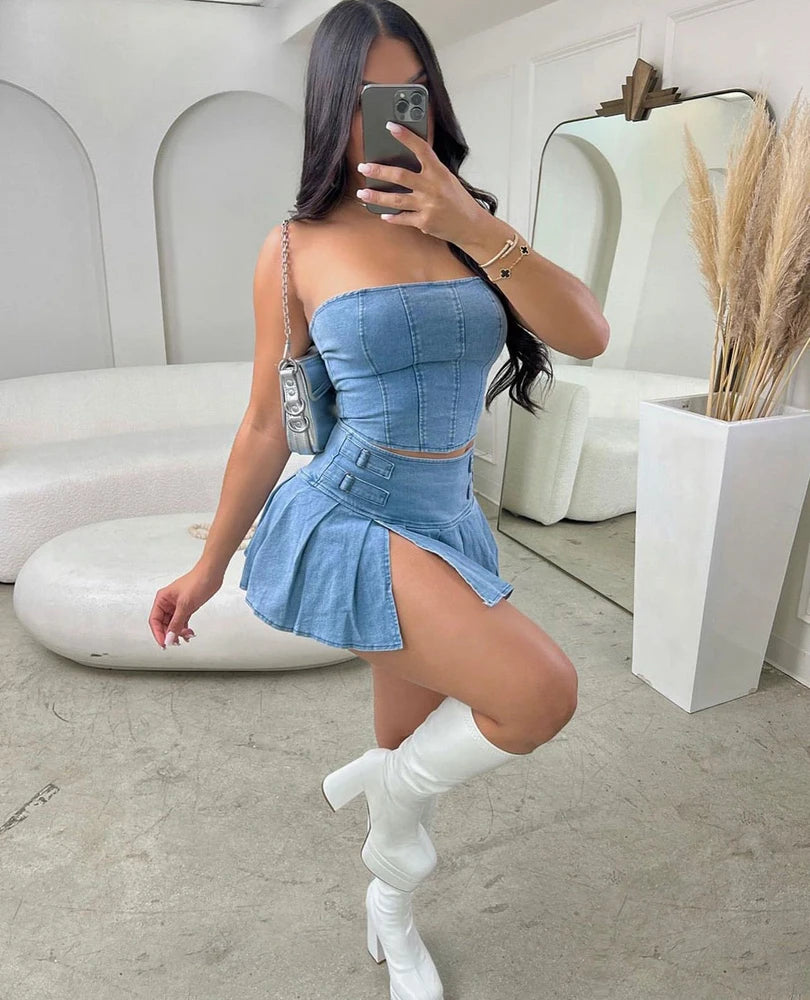 CITSLX Sexy Summer Outfits Women 2024 Fashion Jean Dress with Skirt 2 Piece Sets Bustier Blue Denim Two Piece Outfit Split Skirt Set