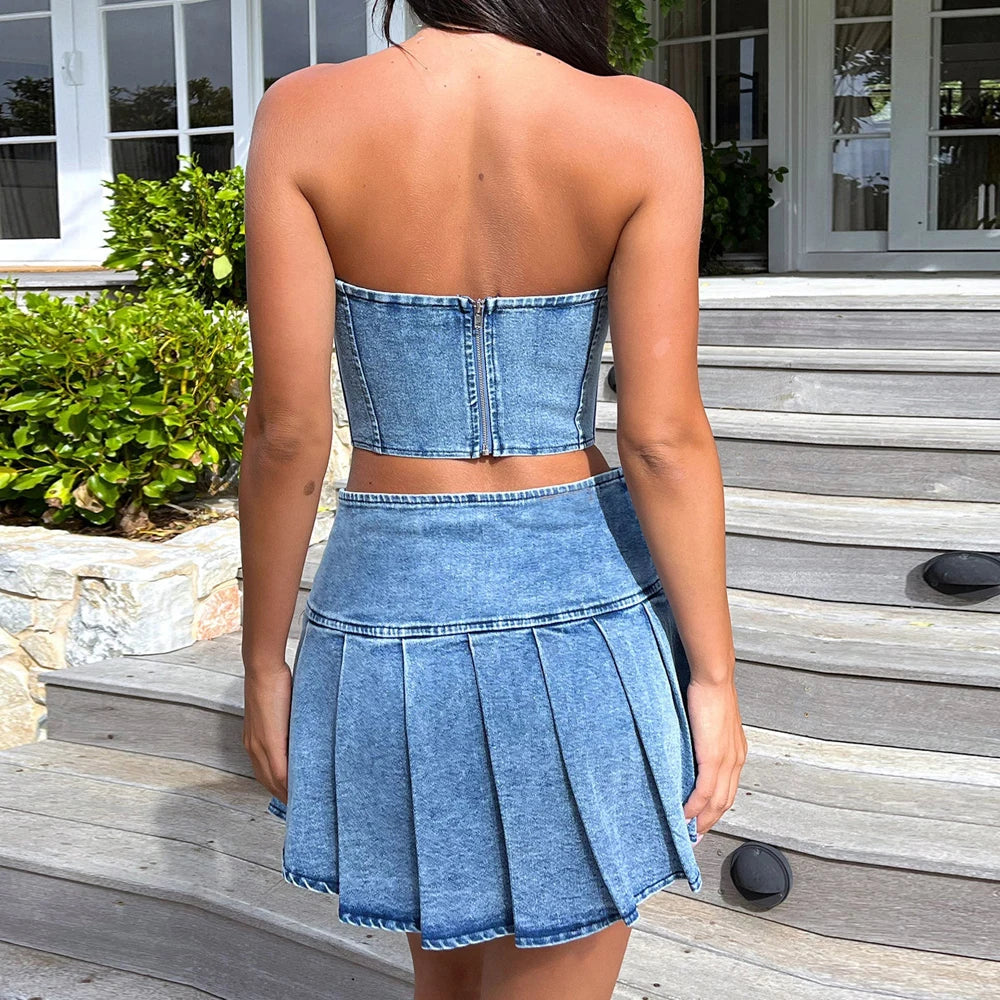 CITSLX Sexy Summer Outfits Women 2024 Fashion Jean Dress with Skirt 2 Piece Sets Bustier Blue Denim Two Piece Outfit Split Skirt Set