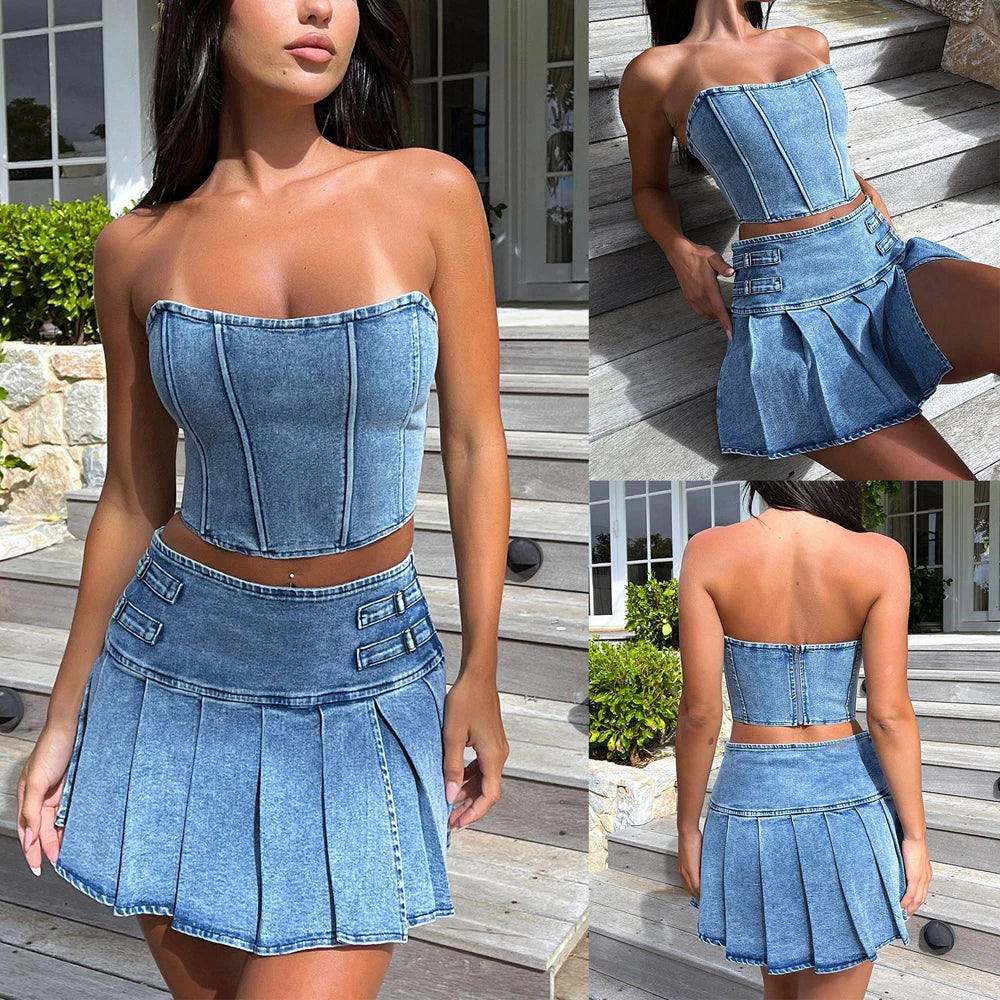 CITSLX Sexy Summer Outfits Women 2024 Fashion Jean Dress with Skirt 2 Piece Sets Bustier Blue Denim Two Piece Outfit Split Skirt Set